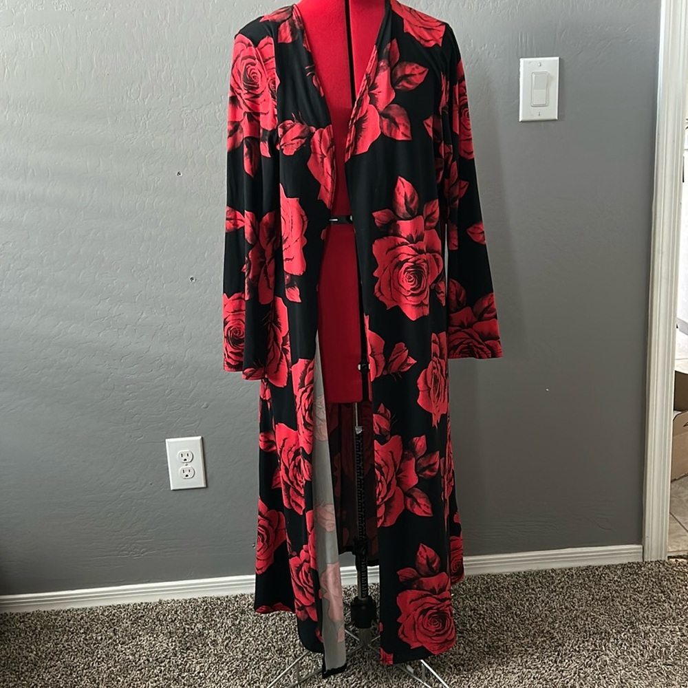 Say Anything Red Rose floor Length long sleeve Cardigan OS extra Stretch